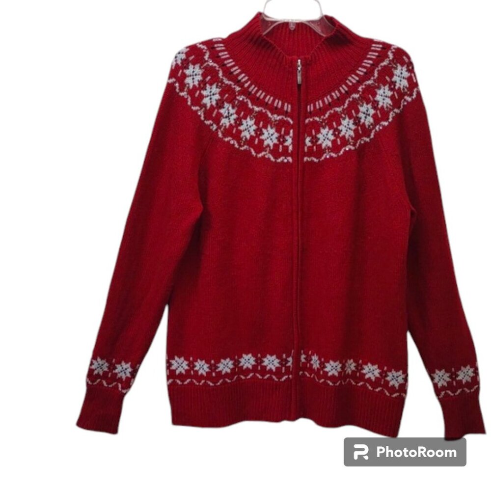 Basic Editions Red Knit Snowflake Embellished LS Full Zip Funnel Neck Sweater